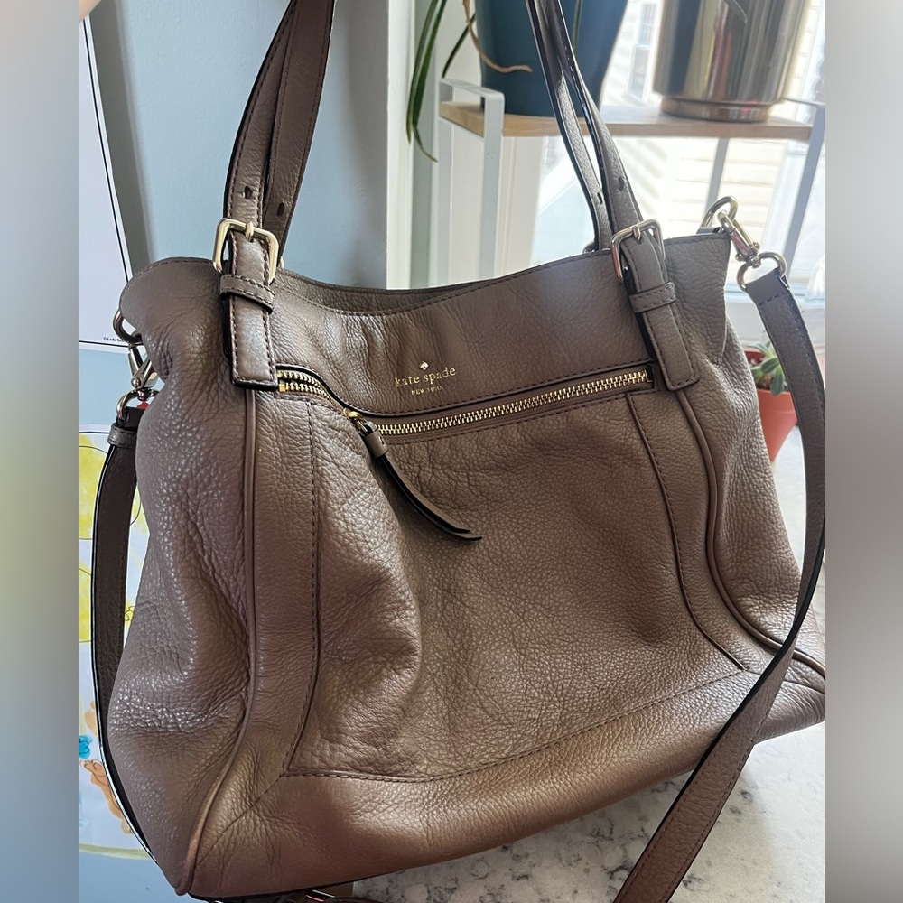 Kate Spade soft leather satchel. Taupe w/ satin stripe interior.